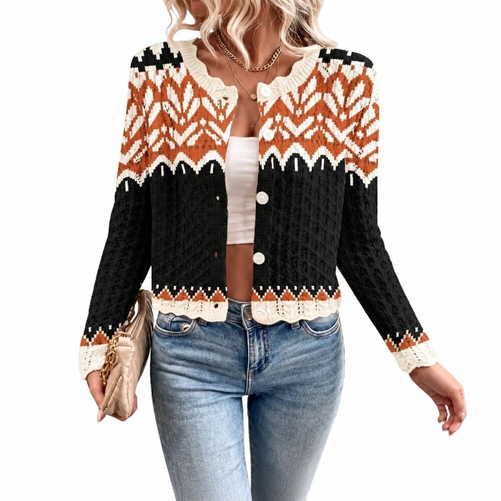 Urchics Womens L Cropped Knit Cardigan Black Rust Cream Scalloped Button Front